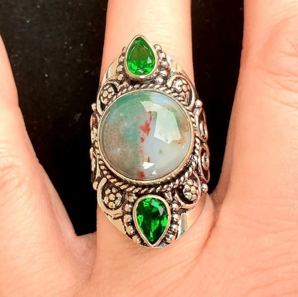 New Bloodstone and Peridot 925 Silver Statement Ring. - Picture 3 of 16